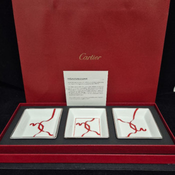 CARTIER TRIO TRINKET TRAYS MINI RIBBON PORCELAINE X3