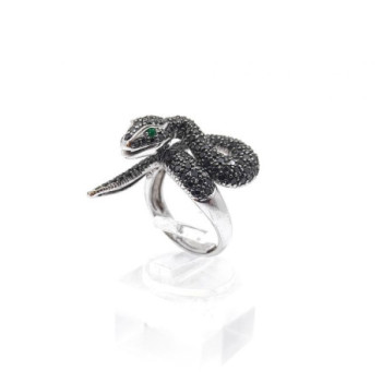 BAGUE SERPENT OR BLANC 18K DIAMANTS NOIR ET EMERAUDES 8.40 G T. 54