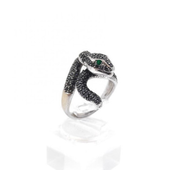 BAGUE SERPENT OR BLANC 18K DIAMANTS NOIR ET EMERAUDES 8.40 G T. 54