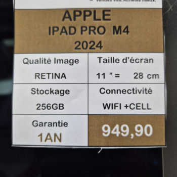 APPLE IPAD PRO 11 POUCES M4 256GB WIFI CELLULAIRE