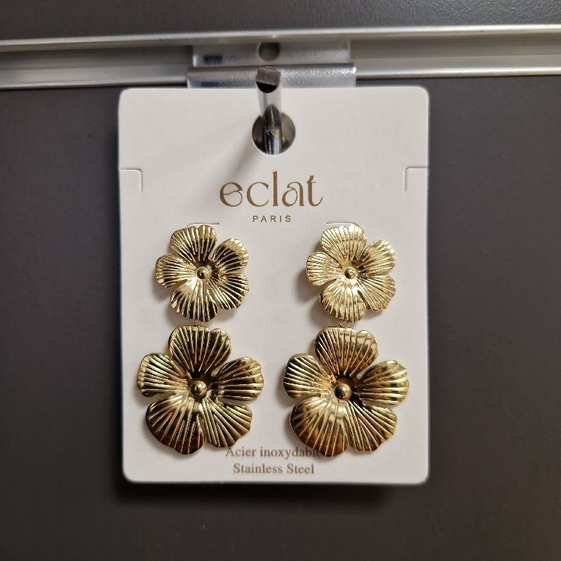 BO DOUBLE FLEURS TOMBANTE EN ACIER INOXYDABLE