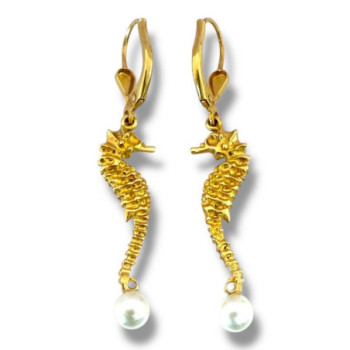 BOUCLES D OREILLES OR JAUNE 18CT 4.54GRS AVEC SAPHIRS ET PERLES C. 4CM
