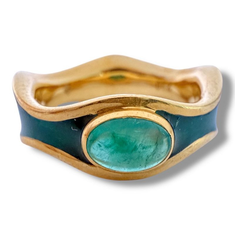 BAGUR OR JAUNE 18CT6.14GRS AVEC EMERAUDE EN CABOUCHON ET EMAIL VERT SYNTHE T.51 BAGUR OR JAUNE 18CT6.14GRS AVEC EMERAUDE EN CABOUCHON ET EMAIL VERT SYNTHE T.51