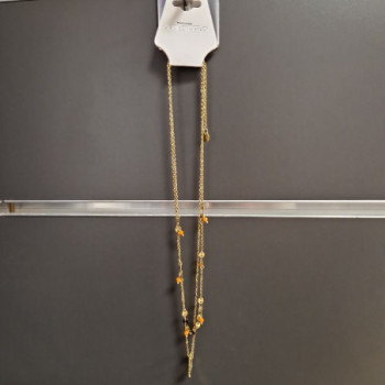 COLLIER DOUBLE CHAINE SOLEIL AVEC PERLES ORANGES EN ACIER INOXYDABLE