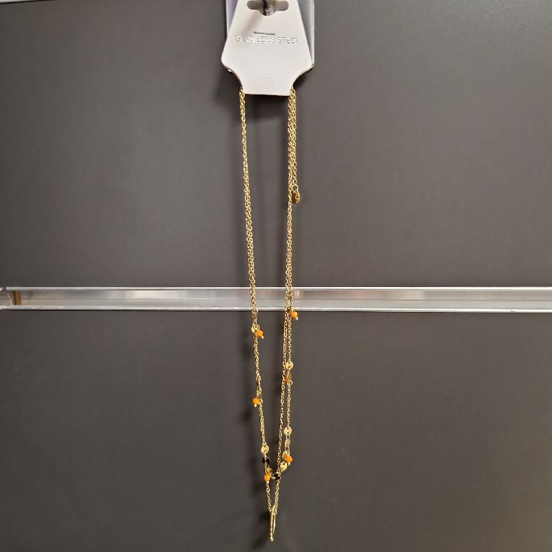 COLLIER DOUBLE CHAINE SOLEIL AVEC PERLES ORANGES EN ACIER INOXYDABLE COLLIER DOUBLE CHAINE SOLEIL AVEC PERLES ORANGES EN ACIER INOXYDABLE