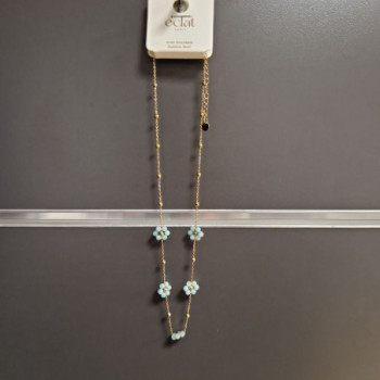 COLLIER FLEUR COULEUR BLEU EN ACIER INOXYDABLE