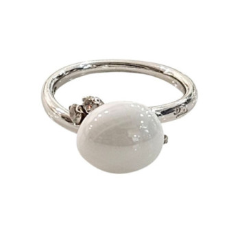 BAGUE POMELLATO CAPRI CERAMIQUE BLANCHE ET DIAMANTS T52 OR BLANC 18 CT 5.74 GR