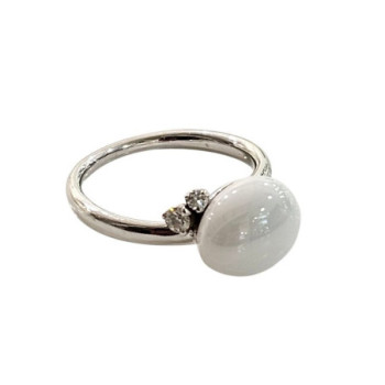 BAGUE POMELLATO CAPRI CERAMIQUE BLANCHE ET DIAMANTS T52 OR BLANC 18 CT 5.74 GR