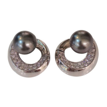 BOUCLES OREILLES DAMIANI OR BLANC 18 CT PERLE DE CULTURE GRISE ET DIAMANTS 16.89 GR