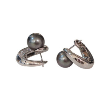BOUCLES OREILLES DAMIANI OR BLANC 18 CT PERLE DE CULTURE GRISE ET DIAMANTS 16.89 GR