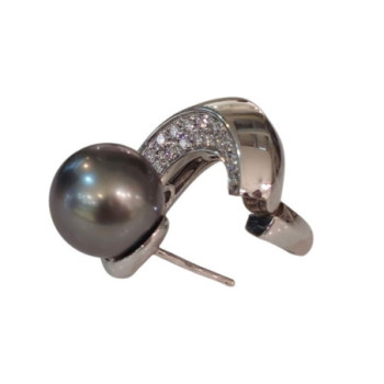 BOUCLES OREILLES DAMIANI OR BLANC 18 CT PERLE DE CULTURE GRISE ET DIAMANTS 16.89 GR