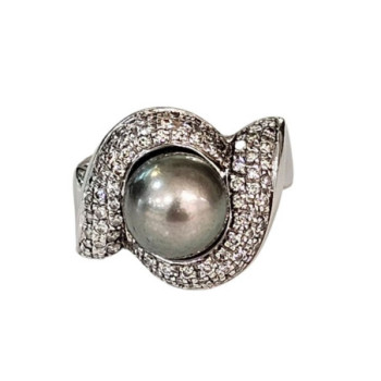 BAGUE OR BLANC 18 CT PERLE DE CULTURE GRISE ET DIAMANTS T52 13.48 GR
