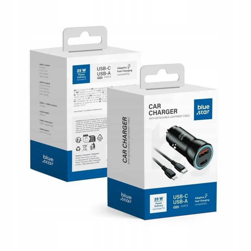 CHARGEUR VOITURE 25W USB-C / USB-A + CABLE LIGHTNING BLUE STAR NOIR
