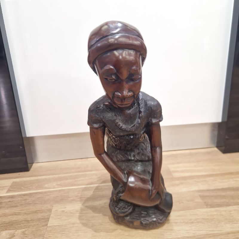 STATUE AFRICAINE JARRE ET BEBE EBENE 40CM