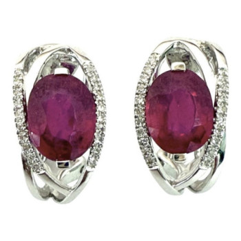 BOUCLES D OREILLES OR BLANC 18K DIAMANTS ET RUBIS 5.15GRS
