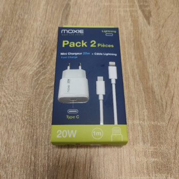 MOXIE PACK 2 PIECES MINI CHARGEUR RAPIDE 20W + CABLE LIGHTNING