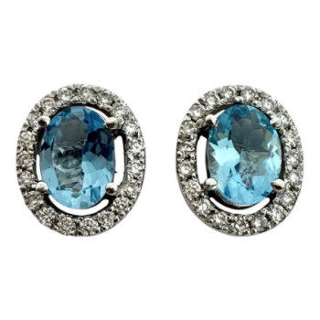 BOUCLES D'OREILLES OR 18CT 3.49GR & DIAMANDS 0.31CT / ACQUAMARINE
