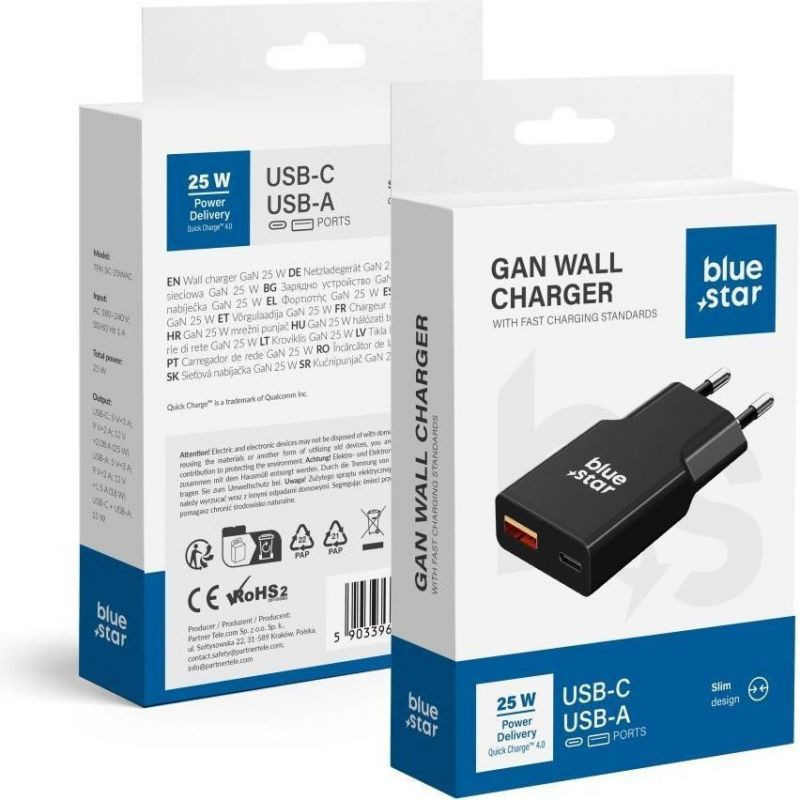 Blue Star 1x Type C 1x USB a PD QC4 0 3A 25W Black 25W