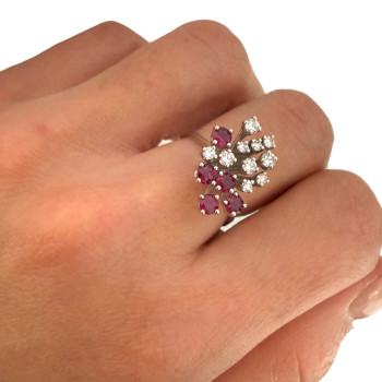 BAGUE OR BLANC 18CT  4.54GR DIAMANTS ET RUBY T 52