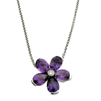 Collier Meylan Or Blanc 18ct 4.4Gr avec fleur amethyste et brillant