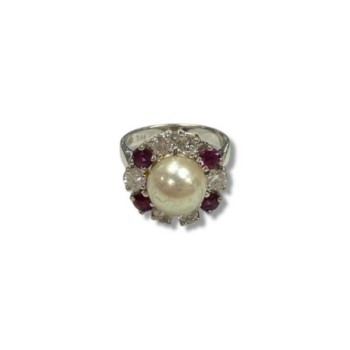 BAGUE OR BLANC 18CT 6.75 DMNTS RUBIS PERLE CB T54