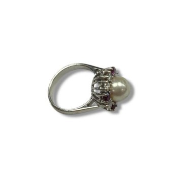 BAGUE OR BLANC 18CT 6.75 DMNTS RUBIS PERLE CB T54