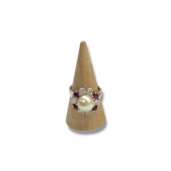 BAGUE OR BLANC 18CT 6.75 DMNTS RUBIS PERLE CB T54