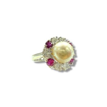 BAGUE OR BLANC 18CT 6.75 DMNTS RUBIS PERLE CB T54