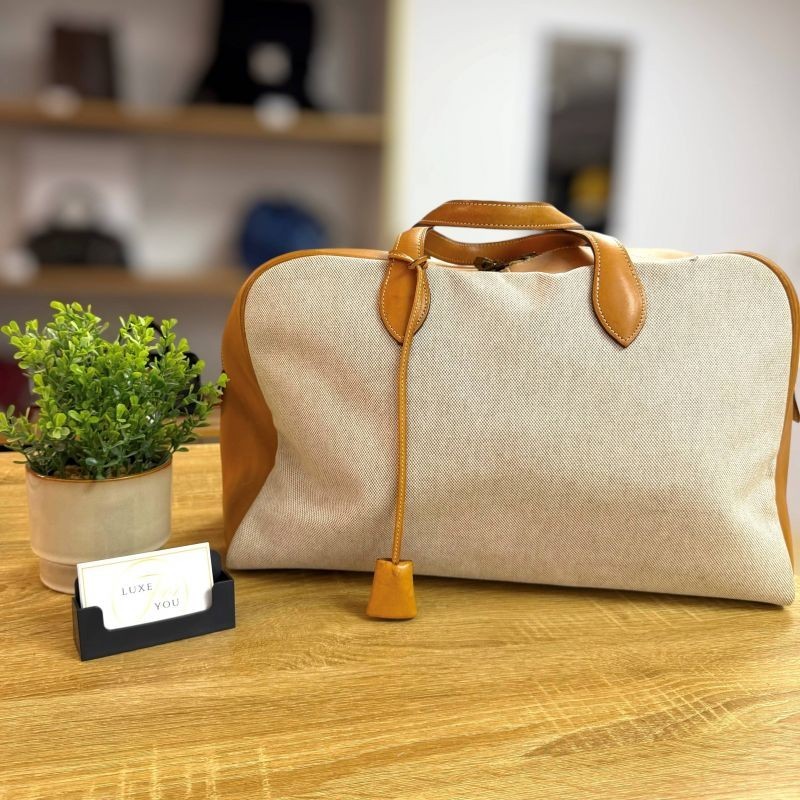 SAC HERMES VICTORIA 45 BEIGE TOILE EN CUIR