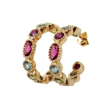 BOUCLES D'OREILLES PLAQUE OR MULTI PIERRES 2CM DE DIAMETRE