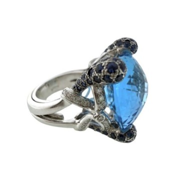 BAGUE OR BLANC 18CT 18.12GR TOPAZE ET DIAMANTS / SAPHIRS TAILLE  49