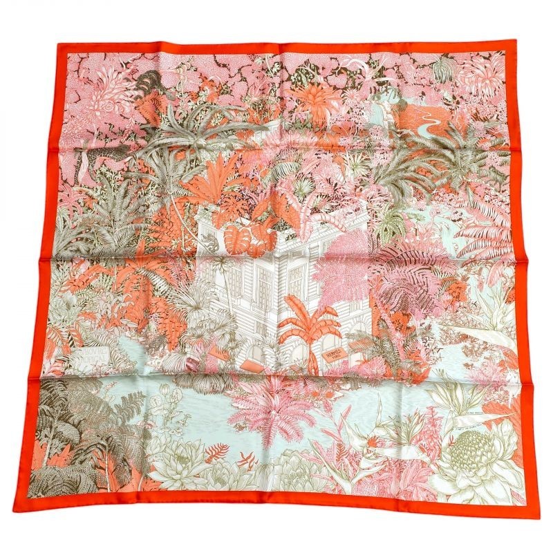 CARRE 90CM TWILL 100% SOIE FAUBOURG  TROPICAL KA/ORANGE/KAKI
