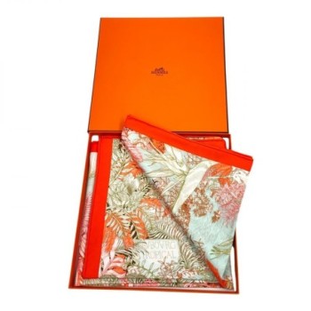 CARRE 90CM TWILL 100% SOIE FAUBOURG  TROPICAL KA/ORANGE/KAKI