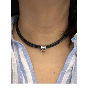 COLLIER BULGARI BZERO PENDENTIF EN OR BLANC 18CTS AVEC TOUR DE COU EN CUIR
