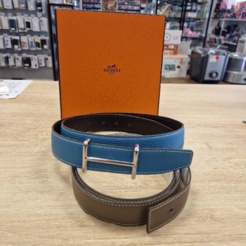 2 CEINTURES HERMES H FEMME BLEU BRUN 80 ET BLANC TAUPE 90