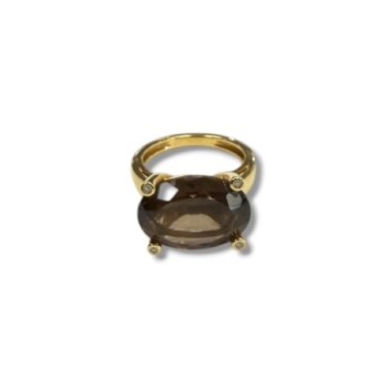 BAGUE OR JAUNE 18CT 5.23GRS DIAMS + QUARTZ FUME