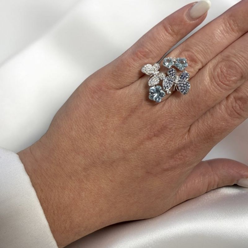 BAGUE OR BLANC 18CT (750) 9.59GRS AIGUE MARINE ET DIAMANTS PAPILLON