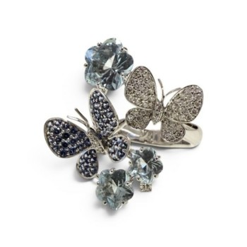 BAGUE OR BLANC 18CT (750) 9.59GRS AIGUE MARINE ET DIAMANTS PAPILLON