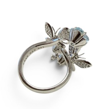 BAGUE OR BLANC 18CT (750) 9.59GRS AIGUE MARINE ET DIAMANTS PAPILLON