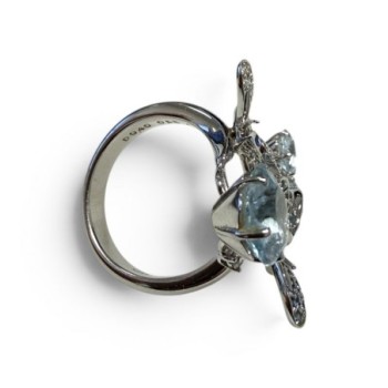 BAGUE OR BLANC 18CT (750) 9.59GRS AIGUE MARINE ET DIAMANTS PAPILLON