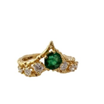 BAGUE EN OR JAUNE 18CTS EMERAUDE ET DIAMNTS 5.26GR T.57