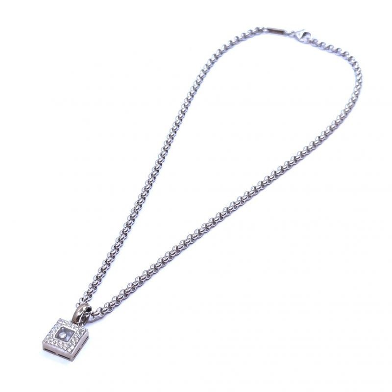 COLLIER CHOPARD CARREE HAPPY DIAMONDS OR BLANC 18CT 25.60G L. 42.5CM