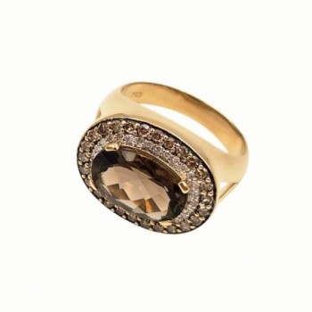 BAGUE OR JAUNE 18K 6.58GR QUARTZ FUME / DIAMANTS BLANCS / DIAMANTS CHAMPAGNE T54