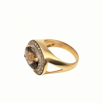 BAGUE OR JAUNE 18K 6.58GR QUARTZ FUME / DIAMANTS BLANCS / DIAMANTS CHAMPAGNE T54