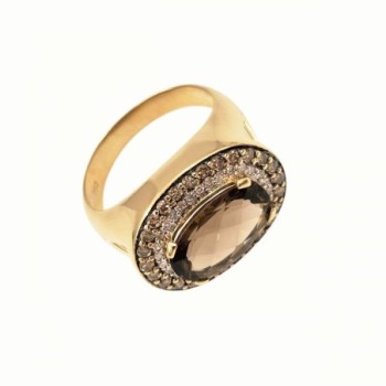 BAGUE OR JAUNE 18K 6.58GR QUARTZ FUME / DIAMANTS BLANCS / DIAMANTS CHAMPAGNE T54