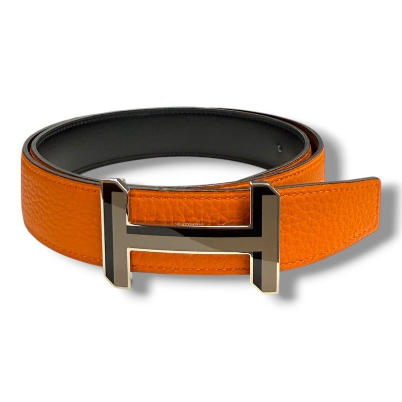 CEINTURE HERMES BOUCLE HOMME 3D NOIR ET ORANGE T80