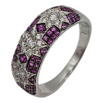 BAGUE OR 18CT DIAMANT RUBIS SAPHIRS ROSES 4.52GR T57