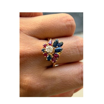 BAGUE OR JAUNE 18CT 5.28 GRS DIAMANT RUBIS SAPHIR