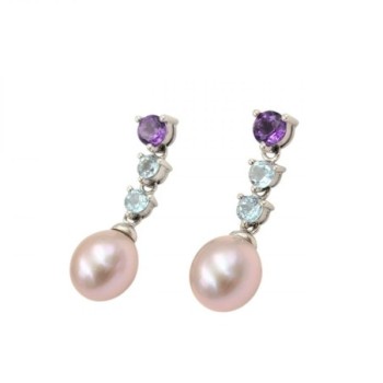 B.O. OR BLANC 18K 4.1GR PERLE/TOPAZE/AMETHYSTE 2,5 CM DE LONGUEUR