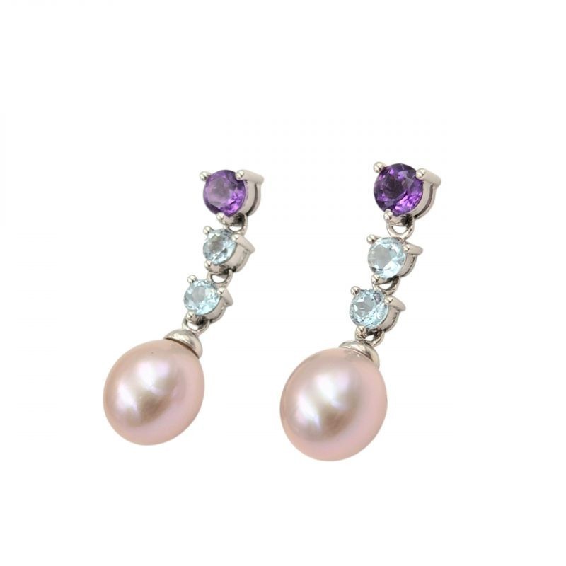 B.O. OR BLANC 18K 4.1GR PERLE/TOPAZE/AMETHYSTE 2,5 CM DE LONGUEUR